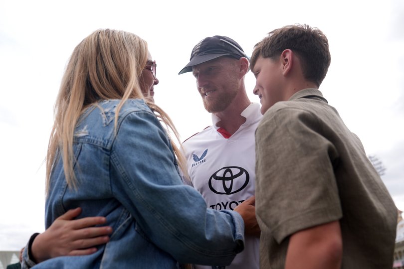 Ben Stokes with his wife, Claire Radcliffe and son, Leyton on day four of the Third Rothesay Test at Trent Bridge Cricket Ground.