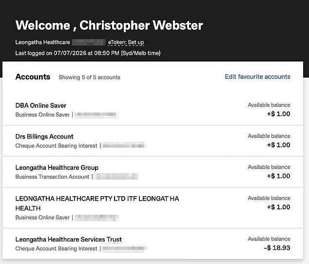 A screenshot shows the balance of all five of Dr Webster’s bank accounts.