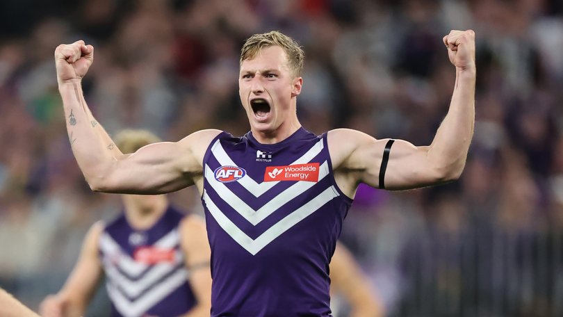 Sport. AFL. Fremantle Dockers v Sydney Swans at Optus Stadium in Perth. Docker Josh Treacy celebrates kicking a goal.