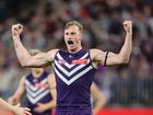 Sport. AFL. Fremantle Dockers v Sydney Swans at Optus Stadium in Perth. Docker Josh Treacy celebrates kicking a goal.