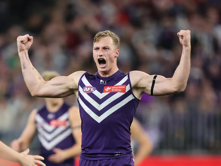 Sport. AFL. Fremantle Dockers v Sydney Swans at Optus Stadium in Perth. Docker Josh Treacy celebrates kicking a goal.