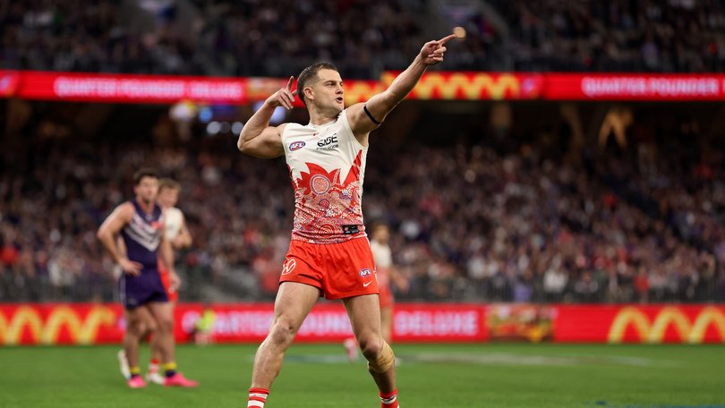 Tom Papley of the Swans celebrates a goal.