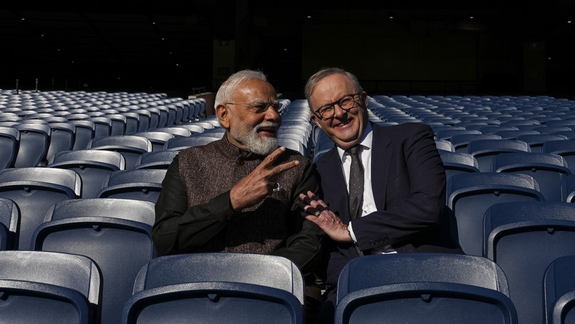 MELBOURNE, AUSTRALIA - JULY 10: Prime Minister of India Narendra Modi (L) and Prime Minister of Australia Anthony Albanese (R) sit in the Shane Warne Stand on July 10, 2026 at the MCG in Melbourne, Australia. Modi is on a diplomatic trip that takes in Indonesia, Australia and New Zealand. (Photo by Asanka Ratnayake/Getty Images)