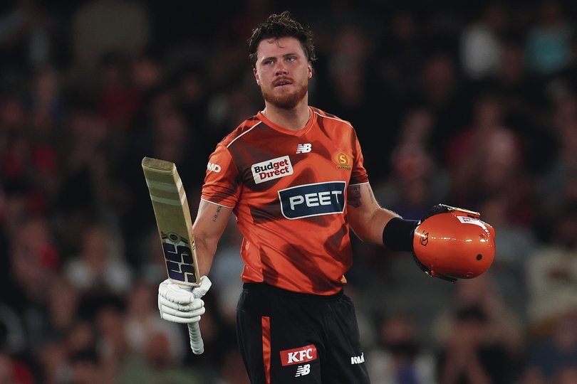 Finn Allen of the Scorchers celebrates scoring a century against Renegades.
