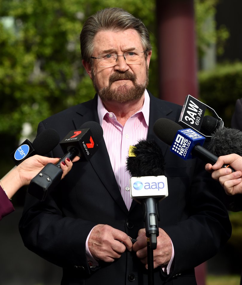 Derryn Hinch speaks to the media about his fall out of an uber car, hitting his head on the footpath in Melbourne. Picture: Nicole Garmston Picture: Nicole Garmston