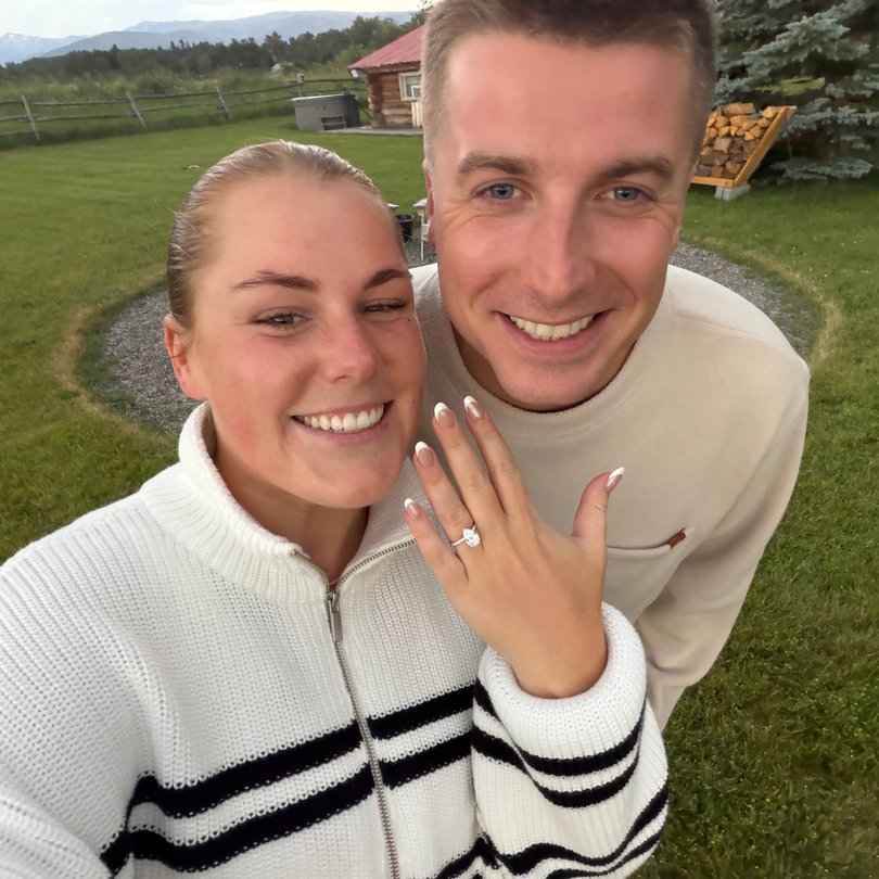 Brooke shows off her pearl-shaped diamond ring.