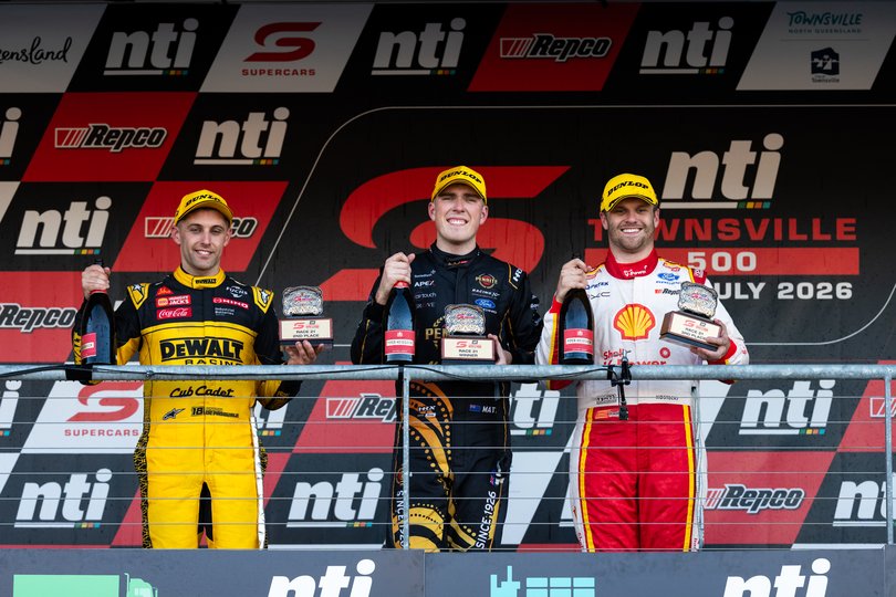 TOWNSVILLE, AUSTRALIA - JULY 11: Anton De Pasquale driver of the #18 DEWALT Racing Chevrolet Camaro ZL1, Matthew Payne driver of the #19 Penrite Racing Ford Mustang GT, Brodie Kostecki driver of the #17 Shell V-Power Racing Team Ford Mustang GT during the NTI Townsville 500, part of the 2026 Supercars Championship at Reid Park Street Circuit on July 11, 2026 in Townsville, Australia. (Photo by Daniel Kalisz/Getty Images)
