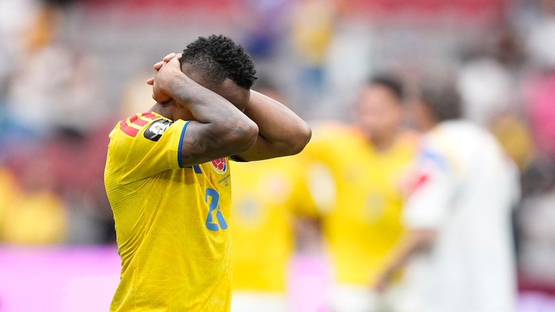 Colombia's Jaminton Campaz reacts after losing to Switzerland at the World Cup.