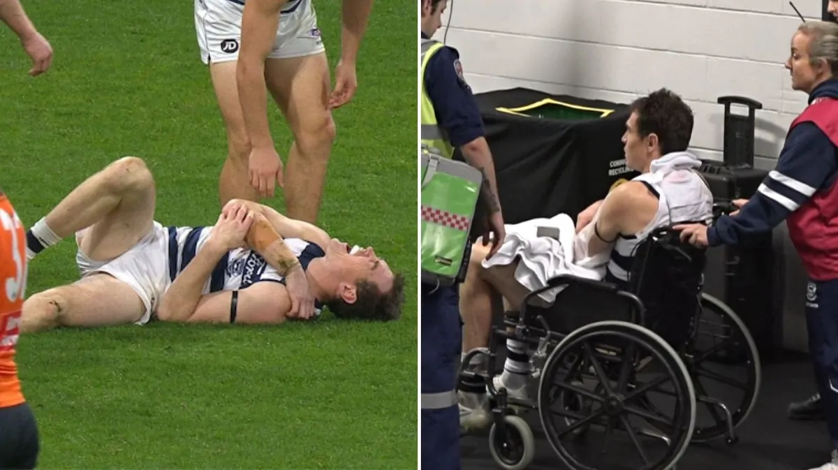 AFL superstar Jeremy Cameron taken to hospital after suspected broken collarbone in Geelong’s loss to GWS AFL superstar Jeremy Cameron taken to hospital after suspected broken collarbone in Geelong’s loss to GWS