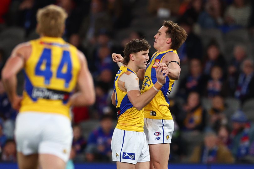 MELBOURNE, AUSTRALIA - JULY 12: Jobe Shanahan of the Eagles celebrates kicking a goal during the round 18 AFL match between Western Bulldogs and West Coast Eagles at Marvel Stadium, on July 12, 2026, in Melbourne, Australia. (Photo by Daniel Pockett/Getty Images via AFL Photos)