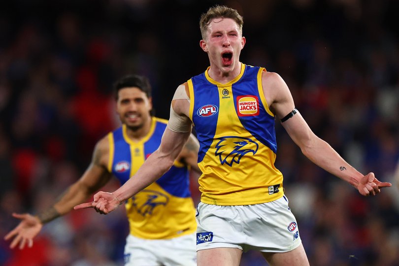 MELBOURNE, AUSTRALIA - JULY 12: Willem Duursma of the Eagles celebrates kicking a goal during the round 18 AFL match between Western Bulldogs and West Coast Eagles at Marvel Stadium, on July 12, 2026, in Melbourne, Australia. (Photo by Daniel Pockett/Getty Images via AFL Photos)