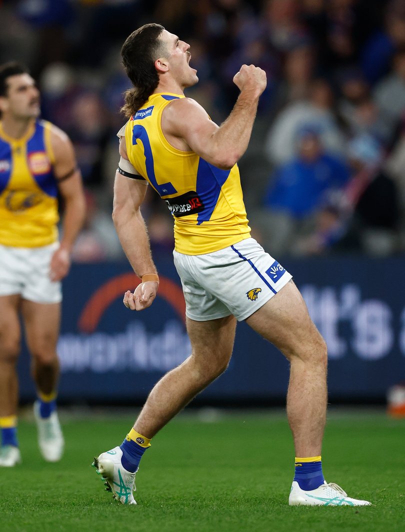 MELBOURNE, AUSTRALIA - JULY 12: Jake Waterman of the Eagles celebrates a goal during the 2026 AFL Round 18 match between the Western Bulldogs and the West Coast Eagles at Marvel Stadium on July 12, 2026 in Melbourne, Australia. (Photo by Michael Willson/AFL Photos)