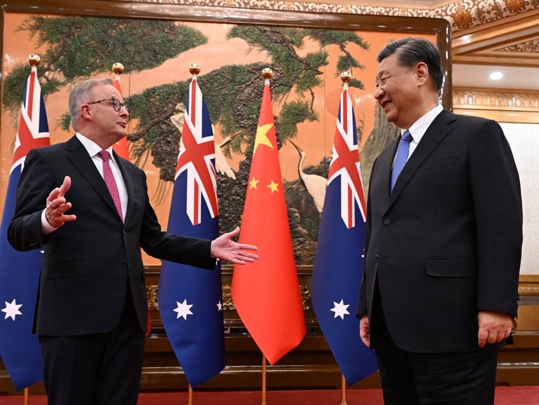 Australia’s Prime Minister Anthony Albanese meets with China’s President Xi Jinping at the Great Hall of the People in Beijing, China, Monday, November 6, 2023. Anthony Albanese will hold talks in China with President Xi Jinping in the first visit to the Asian nation by a sitting prime minister since 2016. (AAP Image/Lukas Coch) NO ARCHIVING