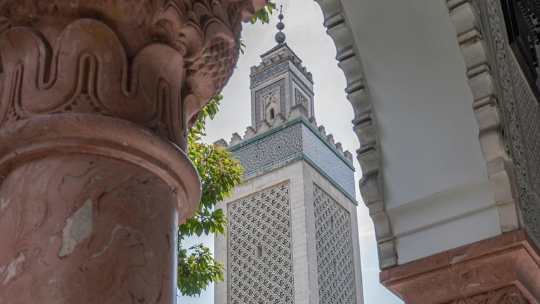 A view of the Grand Mosque of Paris’ facade with the minaret from its garden.