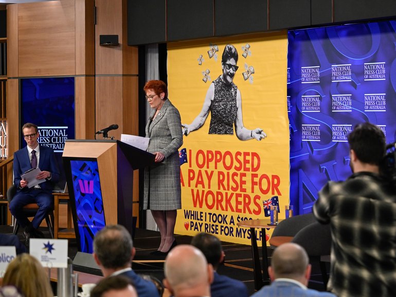  Pauline Hanson’s address at the National Press Club is interrupted by a protest banner. 