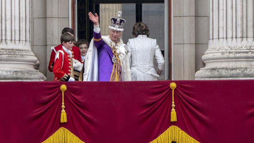 King Charles III, Queen Camilla and members of the royal family wave from the Buckingham Palace balcony after his coronation in London on May 6, 2023.