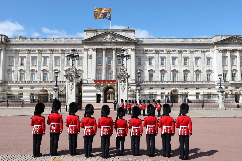 A general view of the Coldstream Guards outside Buckingham Palace during Trooping The Colour on June 13, 2026 in London, England.