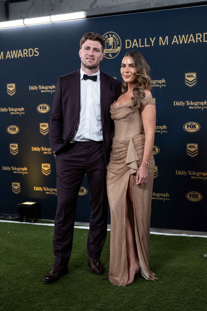 Jai Arrow and Berina Colakovic pictured on the Red Carpet at the 2025 NRL Dally M Awards at Randwick Racecourse.
