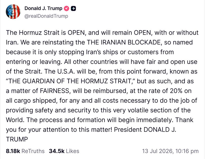 US President Donald Trump latest post on Truth Social. 