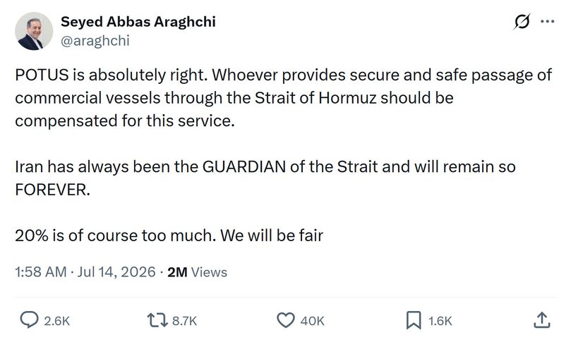 Iran Foreign Minister Seyed Abbas Araghchi post on X about the Strait of Hormuz.
