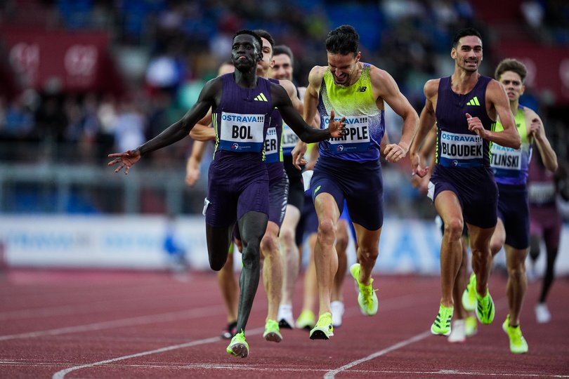 OSTRAVA, CZECH REPUBLIC - JUNE 16: Peter Bol from Australia celebrates winning the 1000m Men competition during the 65th Ostrava Golden Spike, part of the World Athletics Continental Tour Gold 2026 at Mestsky Stadium on June 16, 2026 in Ostrava, Czech Republic. (Photo by Sona Maleterova/Getty Images)