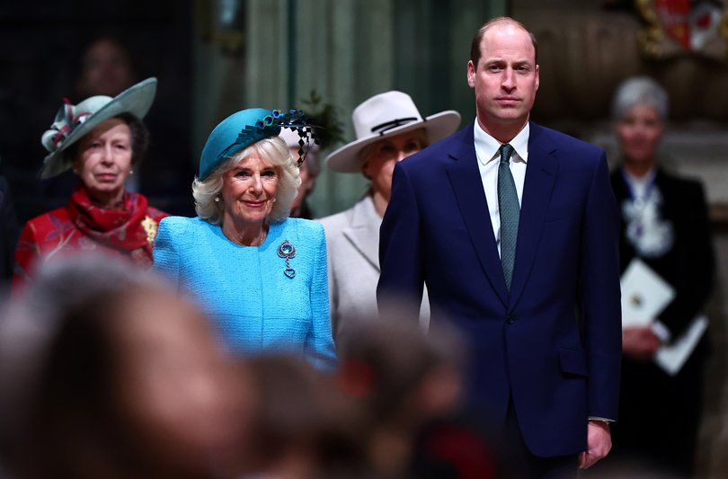 Princess Anne (left), Queen Camilla (middle) and Prince William (right) are reported to be furious about Prince Harry’s antics during his visit home.