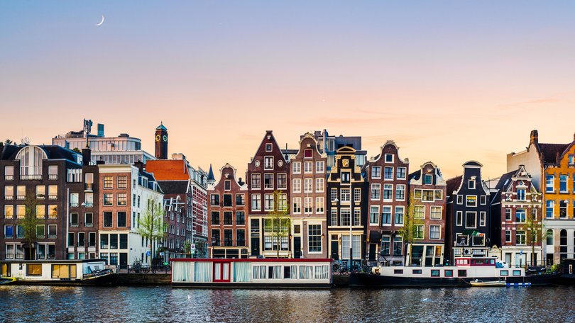 Amsterdam buildings at sunrise.