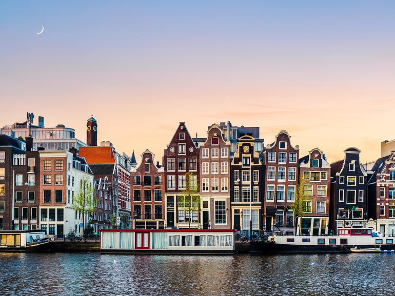 Amsterdam buildings at sunrise.