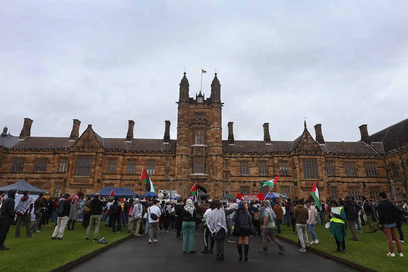 Protesters gather on the lawns of The University Of Sydney in support of a pro-Palestine encampment in May 2024.