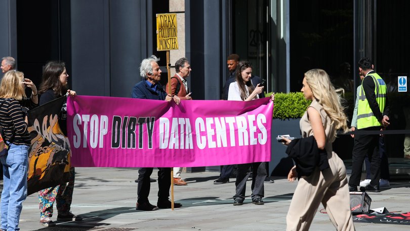Climate activists protest against UK data centres.