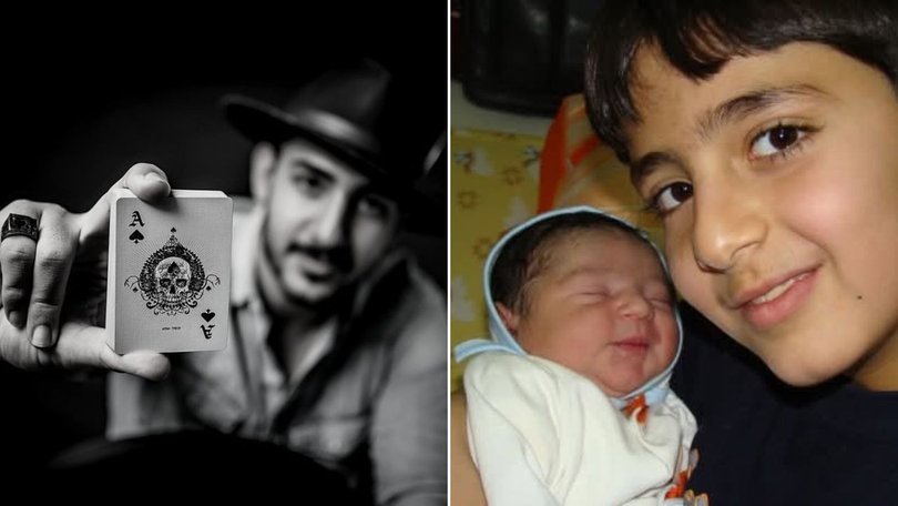 Gold Coast magician Daniel Hidden (left) and, as a child, with his baby brother, Iliya, whose life the family believes Hidden helped save before he was born.