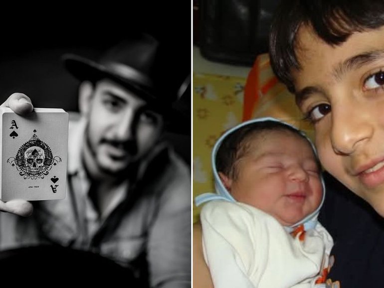 Gold Coast magician Daniel Hidden (left) and, as a child, with his baby brother, Iliya, whose life the family believes Hidden helped save before he was born.