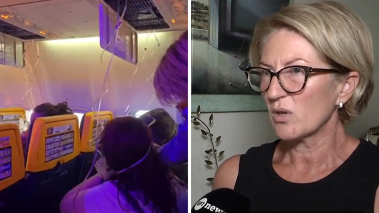 A terrified wife has revealed the desperate moments she clung to her husband’s legs as he was almost sucked head-first out of a Ryanair plane after a cabin window blew out mid-flight.