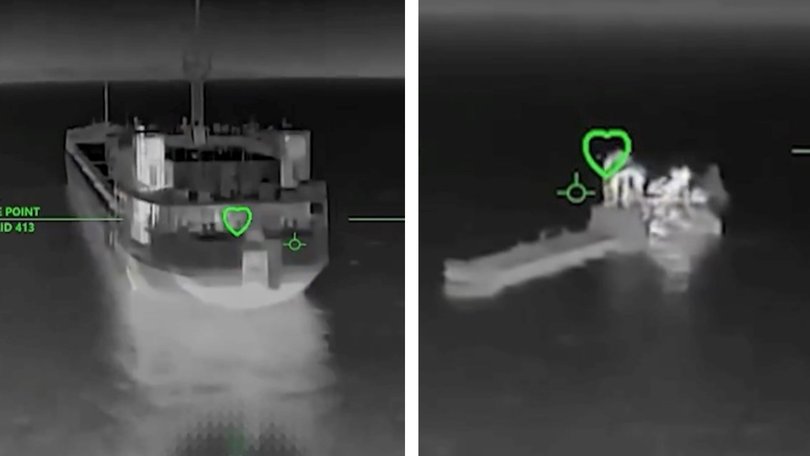 Footage of aerial drone strikes on Russian cargo vessels in the Sea of Azov.
