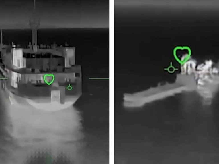 Footage of aerial drone strikes on Russian cargo vessels in the Sea of Azov.
