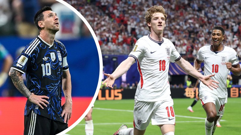 Lionel Messi reacts after Anthony Gordon's goal for England.