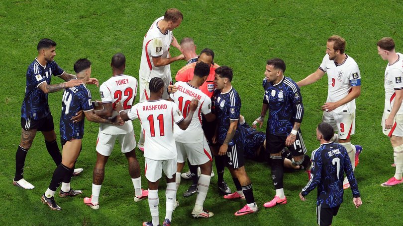 The tense scenes at the end of the World Cup semi-final when Jude Bellingham appeared to smack Argentina’s Valentin Barco in the back of head.