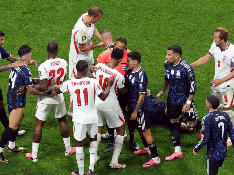 The tense scenes at the end of the World Cup semi-final when Jude Bellingham appeared to smack Argentina’s Valentin Barco in the back of head.