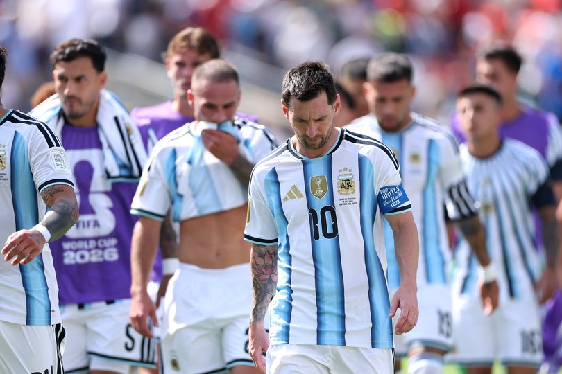 EAST RUTHERFORD, NEW JERSEY - JULY 19: Lionel Messi #10 of Argentina reacts after the first half during the FIFA World Cup 2026 Final match between Spain and Argentina at New York New Jersey Stadium on July 19, 2026 in East Rutherford, New Jersey. (Photo by Dan Mullan/Getty Images)