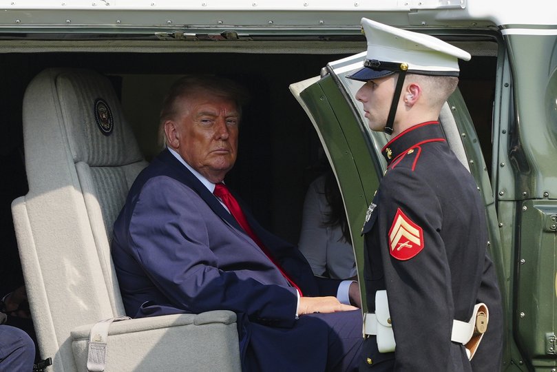 President Donald Trump departs on Marine One after speaking at the Pennsylvania Defense and Innovation Summit.