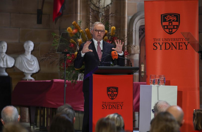 Prime Minister Anthony Albanese delivers a speech titled ‘AI in Australia's Interests’ at the University of Sydney. Picture: NewsWire / Gaye Gerard