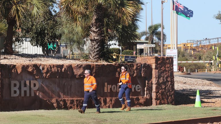 BHP workers strike in Port Hedland. Workers from BHP at the entrance to the site. Jackson Flindell