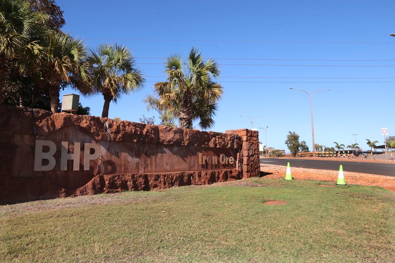 Cones have been placed out on the grass at the entrance to the BHP site on Wilson street Port Hedland. Picture: Jackson Flindell