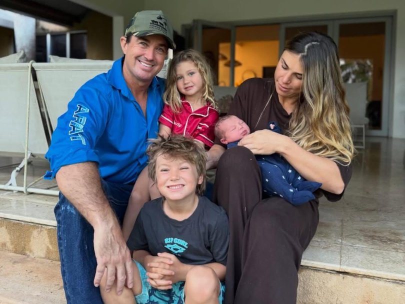 Outback Wrangler Matt Wright and his wife Kaia with their newborn son Sterling, and their older kids Banjo and Dusty (taken shortly after Wright’s release).