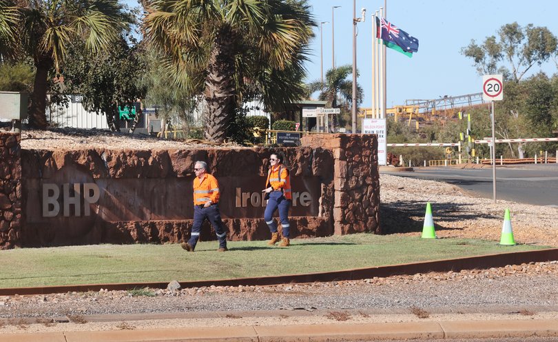 Workers at the BHP entrance.