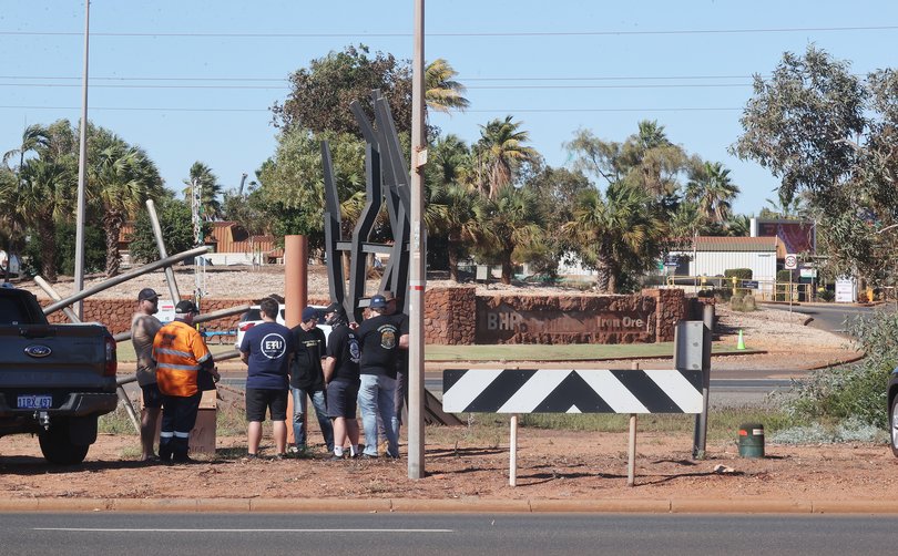 BHP workers strike in Port Hedland. Union members congregate opposite the entrance to the BHPB site on Wilson street Port Hedland at approx 10am.