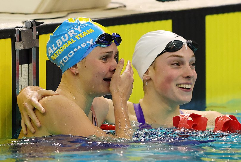Sienna Toohey reacts after winning the Women's 100m metre Breaststroke at the 2025 Australian Swimming Trials