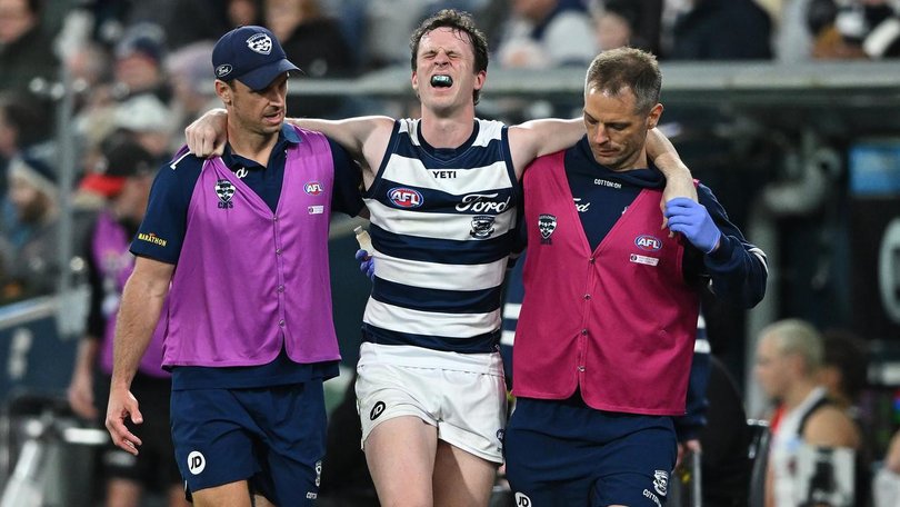 An ankle injury to Max Holmes took some of the gloss off Geelong's win over St Kilda. (James Ross/AAP PHOTOS)