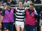 An ankle injury to Max Holmes took some of the gloss off Geelong's win over St Kilda. (James Ross/AAP PHOTOS)