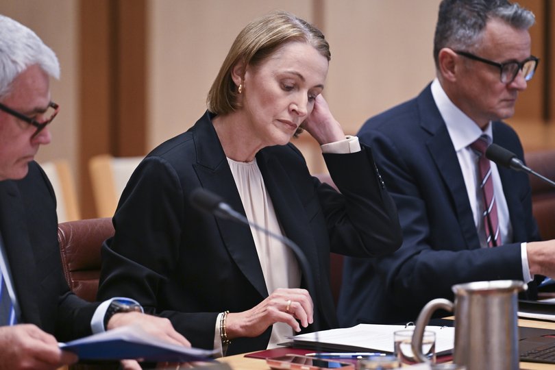 Telstra Chief Executive Officer Vicki Brady and Chief Financial Officer Michael Ackland front a Senate inquiry at Parliament House in Canberra. 